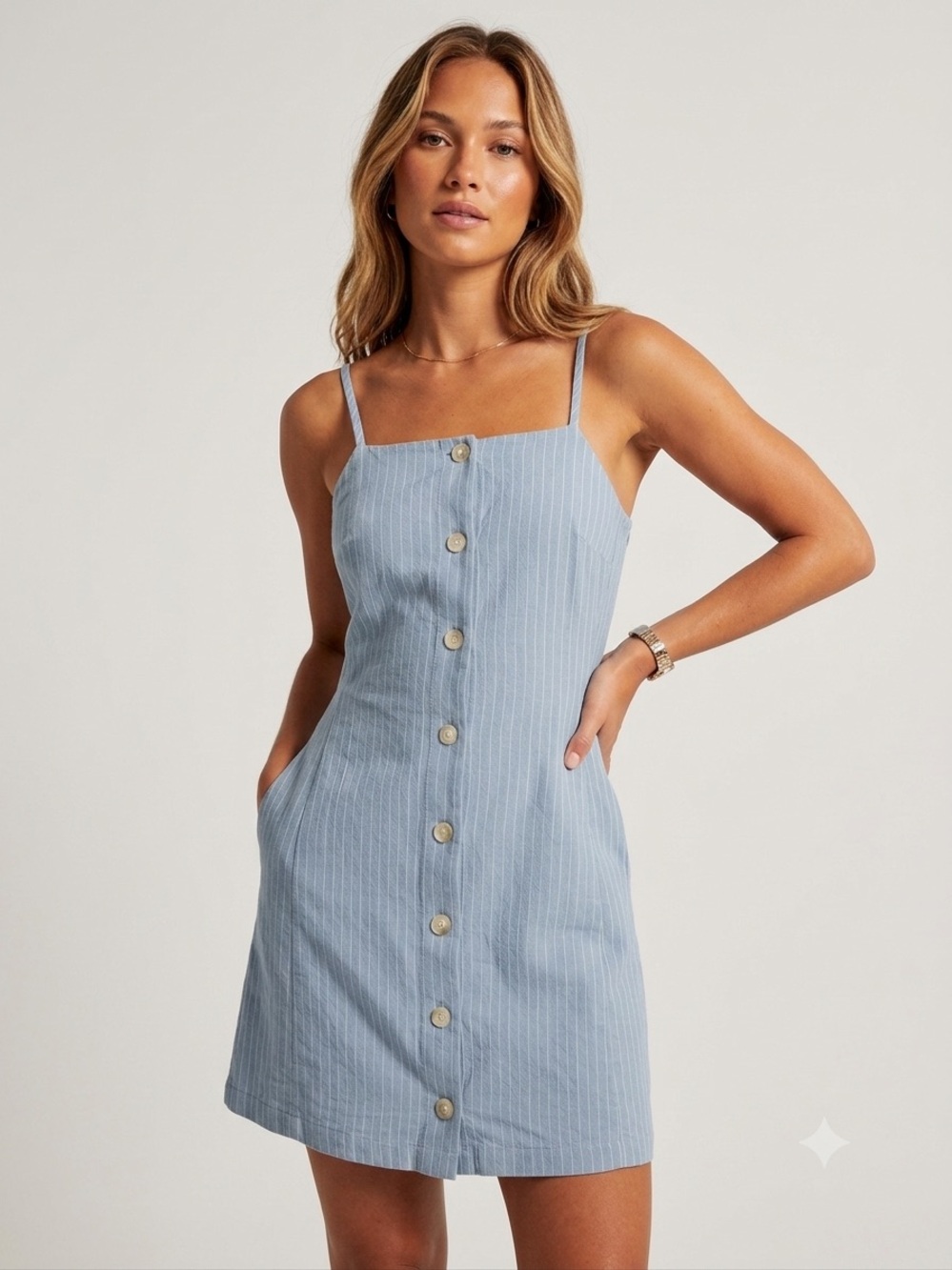 Monteau Light Blue Pinstripe Button-Front Mini Dress